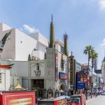 Vista externa do TCL Chinese Theatre, em Hollywood, com o movimentado Hollywood Boulevard ao redor.
