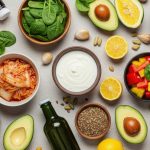 Ingredientes frescos dispostos em uma composição que representa alimentação equilibrada e nutrição saudável
