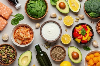 Ingredientes frescos dispostos em uma composição que representa alimentação equilibrada e nutrição saudável
