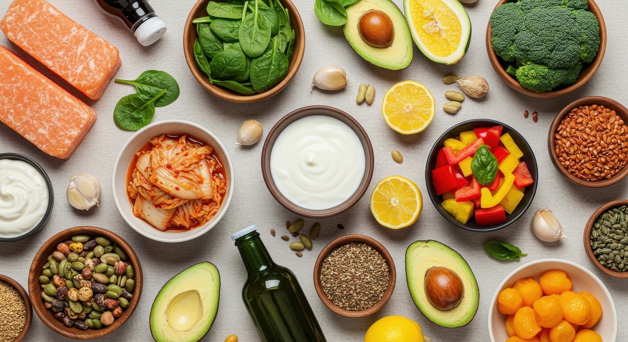 Ingredientes frescos dispostos em uma composição que representa alimentação equilibrada e nutrição saudável